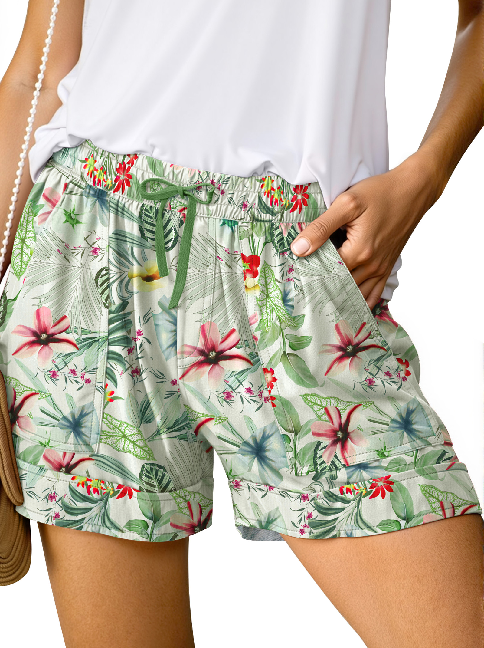 Fantaslook Womens Casual Shorts Elastic Waist Drawstring Shorts Pants with Pockets Summer Beach Floral Shorts